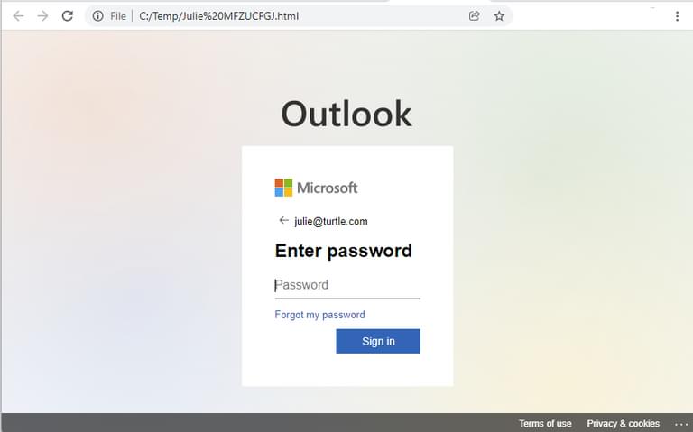 HTML attachment with redirect script for credential harvesting