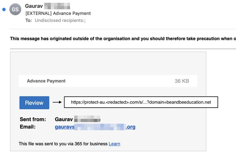 An example of a wrapped URL that hides a redirect