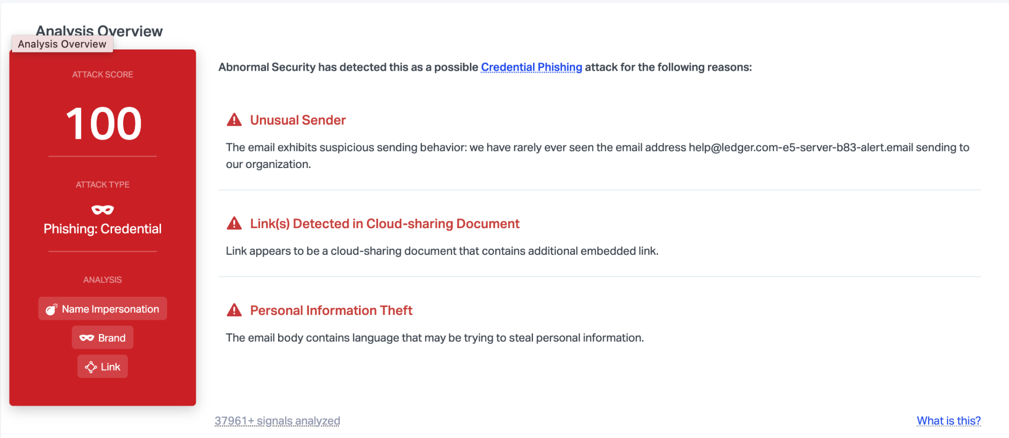 Abnormal Security detecting ledger phishing scam