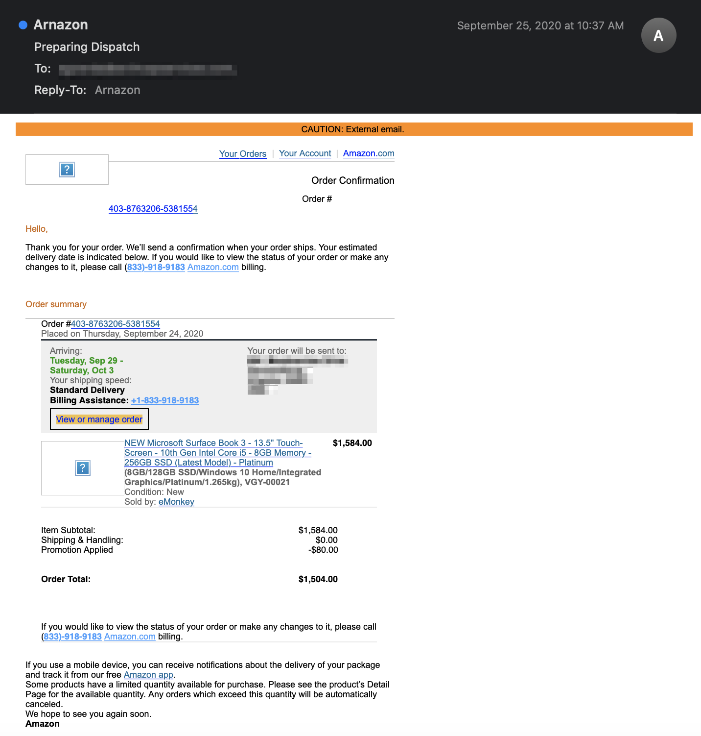 Amazon phone number scam email
