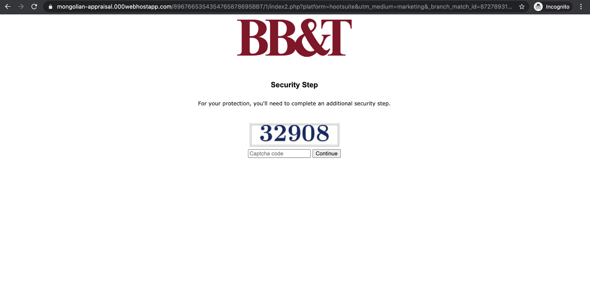 BB&T phishing attempt security step